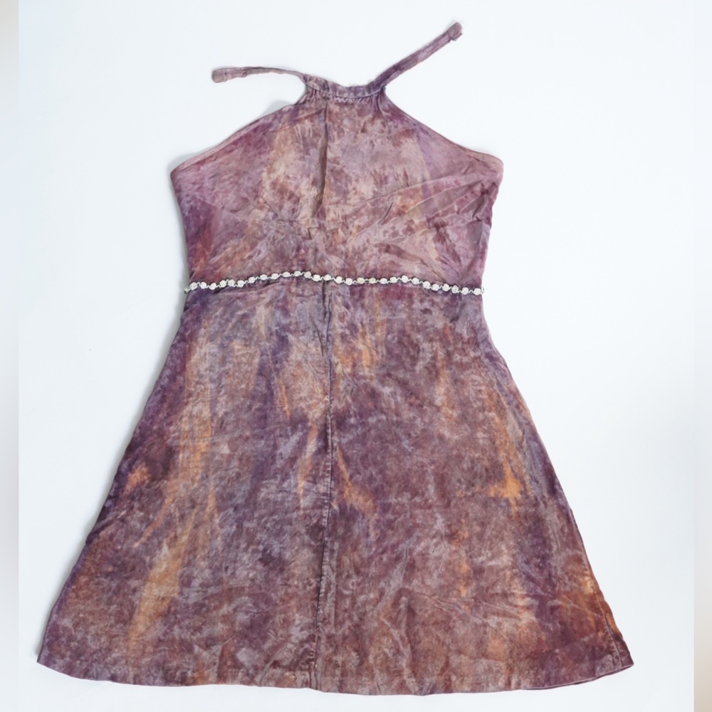 Vintage Purple Suede Halter Dress with Tiny Roses at Waist Line